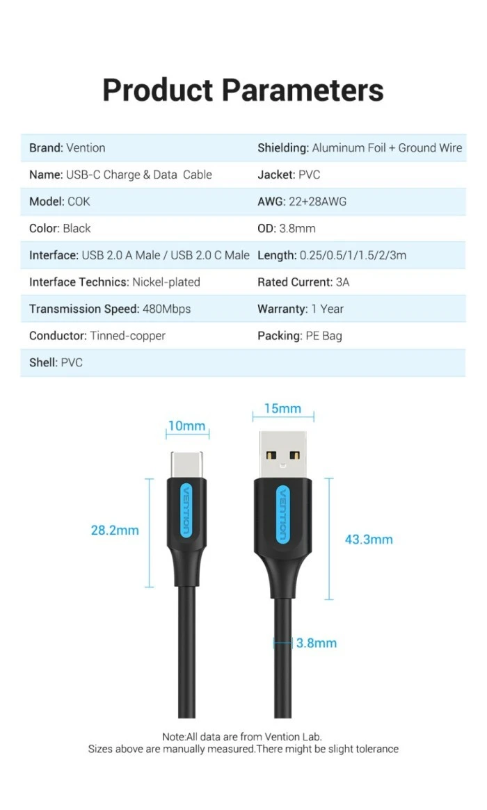Vention - Kabel USB 2.0 A Male to C Male 3A 1.5M Black COKBG / Kabel Data